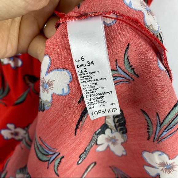 Topshop Red Tropical Floral Tea Dress V-Neck Shoret Sleeve Size 2 Back Zipper - Picture 5 of 6